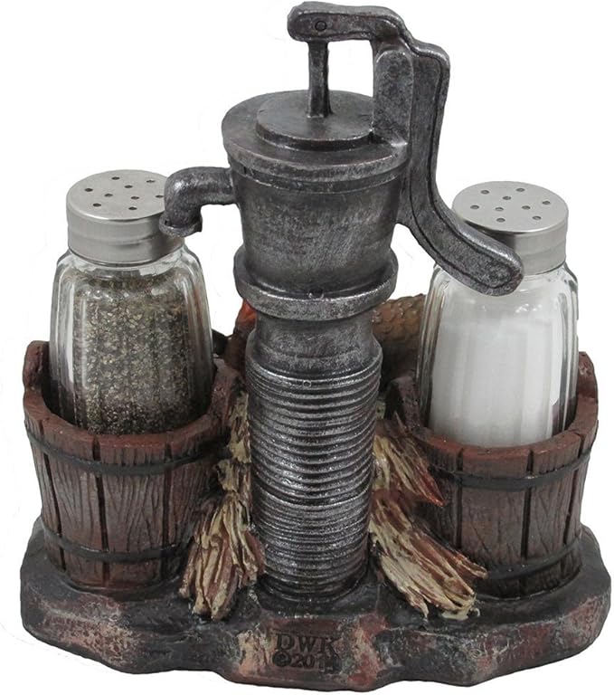 Farm Chicken and Old Fashioned Water Pump Glass Salt and Pepper Shaker Set with Holder Figurine in Country Kitchen Rooster Decor, Sculptures and Statues and Rustic Gifts for Farmers