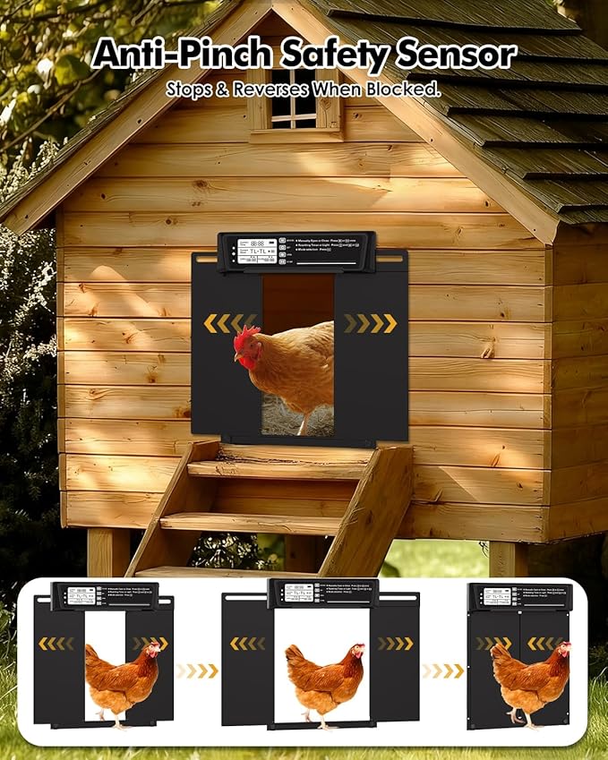 Automatic Chicken Coop Door Solar Powered,Aluminum Alloy Auto Door, Timer & Light Sensor, LCD Display, Remote Control, Anti-Pinch & Weatherproof Design, 4 Working Modes,Dual Horizontal Opening
