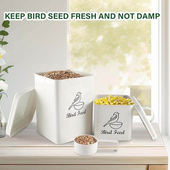Set of 2 Metal Bird Seed Storage Container,Combined 8lbs Bird Seed Container with Scoop,Wild Bird Food Bins for Storing Sunflower Seed-Sturdy and Squirrel proof-6''x9''+5''x5''-White