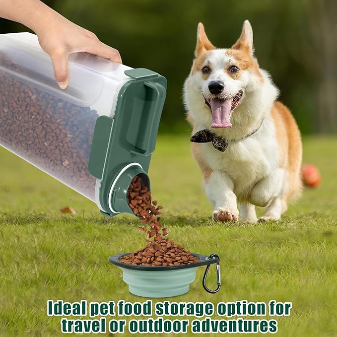 5 Lbs Dog Cat Food Storage Container with Collapsible Dog Bowls for Travel, Portable Pet Food Storage Container, Easy-Pouring Bird Seed Dispenser, Airtight Rice Cereal Oatmeal Flour Holder -Dark Green