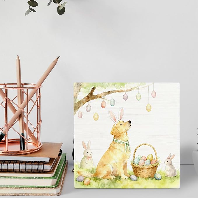 Easter Golden Retriever Dog Wooden Box Sign Desk Decor, Spring Easter Egg Rabbit Ear Golden Retriever Wood Signs for Home Office Desk Table Shelf Decorations, 5x5 Inch