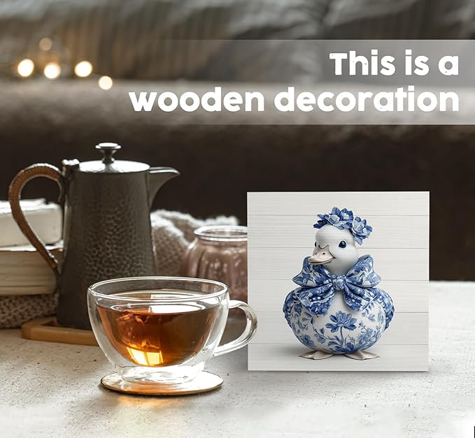 Blue And White Chinoiserie Grand Millenial Duck Decor Signs,Bow Blue Duck Floral Home Signs,Chinoiserie Porcelain Desk Decorations,Farmhouse Animal Office Kitchen Bathroom Decor