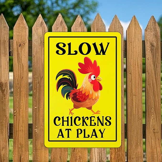 Vintage Slow Tin Sign Chickens at Play Metal Sign Funny Chicken Coop Yard Poster Home Kitchen Coffee Garden Wall Decor 12x16 Inch