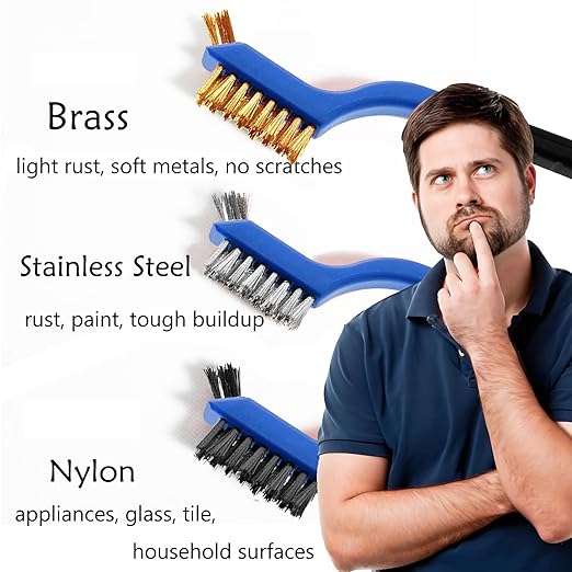 Wire Brush Set (3-Pack) for Precision Cleaning – Brass, Nylon & Stainless Steel Brushes for Rust Removal, Delicate Surfaces & Tight Spaces – 7-Inch Curved Handle