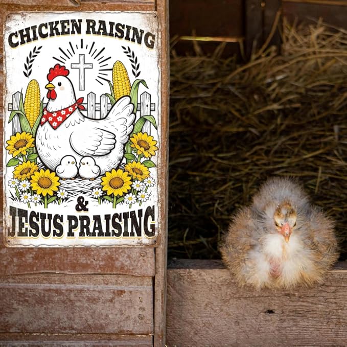 WADORN Funny Chickens Metal Tin Sign, 8x12 Inch Chicken Raising Jesus Praising Retro Tin Sign Rustic Farmhouse Wall Art Decor Plaque Gift for Home Farm Chicken-Coop Yard Farmhouse Kitchen Garden