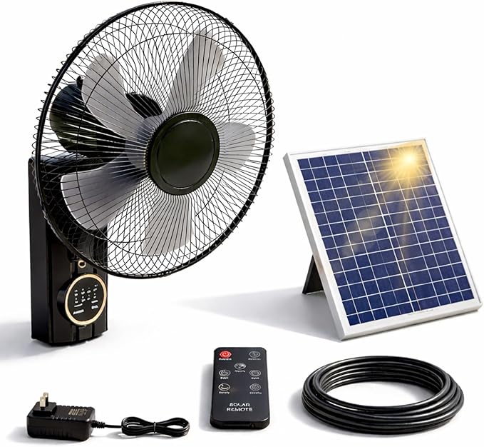 Solar Fan 16 Inch Wall Mounted Fan Indoor, Solar Fans for Outside, Solar Powered Fans With Remote Control, 5 Blades, 3 Speeds, Timer, Adjustable Tilt, Solar Panel, Power Adapter