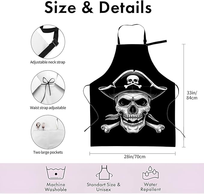 Classic Pirate Apron,Adjustable Waterproof Oxford Fabric Kitchen Apron with 2 Pockets for Men and Women, Cooking, Baking, BBQ, Coffee Shop, Housewarming Gifts, 28x33 Inches