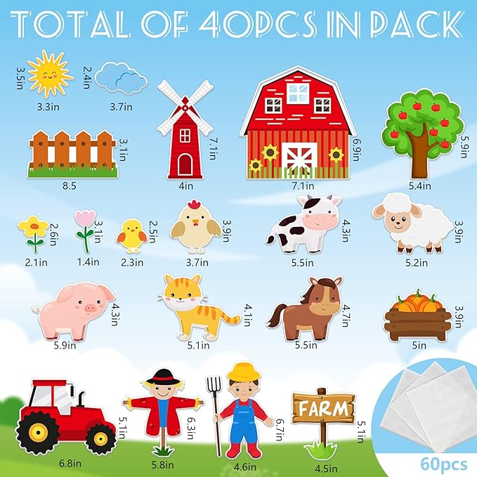 Whaline 40Pcs Farm Animals Cutouts Bulletin Board Decorations Cow Horse Chicken Pig Tractor Scarecrow Farm Theme Cut-Outs for Baby Shower Birthday Party Classroom Decor