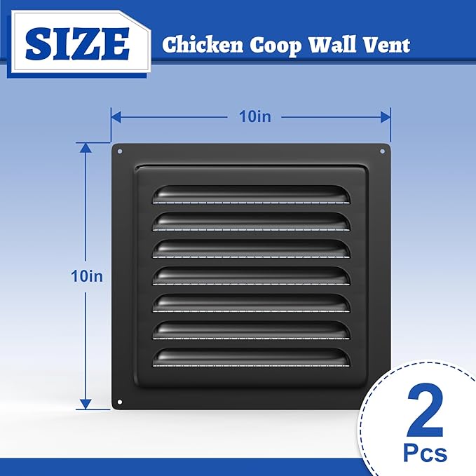 Chicken Coop Metal Wall Vent, 2 Pack 10" x 10" Metal Shed Vent with Built-in Screen for Anti-Debris, Louver Vent Grille for Chicken Coop, Hen House, Poultry Cage, Rabbit Hutch, Black