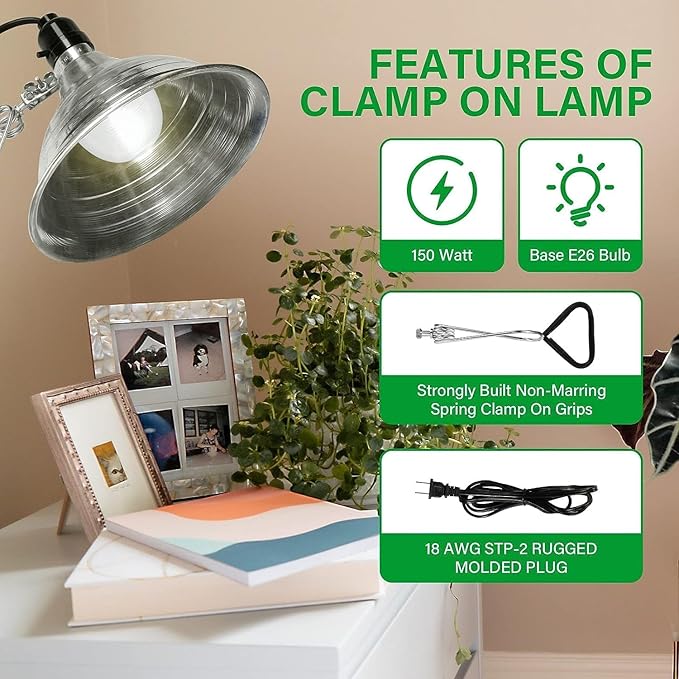 Simple Deluxe 100W Ceramic Reptile Heat Lamp Bulb & 150W Clamp Light with 8.5" Aluminum Reflector Combo for Amphibian Pets& Incubating Poultry Heater, 2-Pack