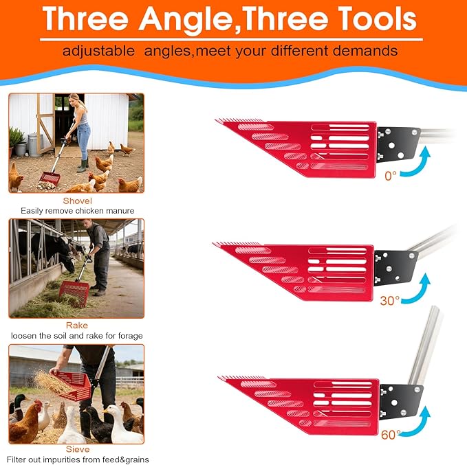 Heavy Duty Chicken Poop Scooper & Rake 2 in 1,Adjustable Angle Handle Chicken Coop Metal Litter Scoop & Sand Sifting Shovel,Pooper Scooper for Dog,Cat,Poultry,Farm Animals,36"-66"