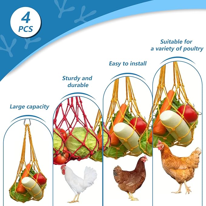 Chicken Vegetable String Bag, Hanging Feeder Toy Vegetable Rack with Hook for Chicken Cage, Poultry Fruit Rack, Cabbage Feeder 4 Sets