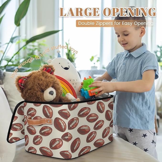 Storage Cubes with Lid Fabric Storage Bins Boxes PU Leather Handles, Sports Rugby Closet Organizer Container Foldable Washable Shelf Cloth Basket, Rugby Balls