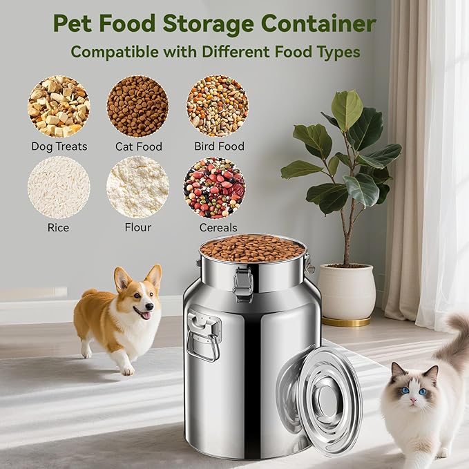 Newget 13lb Stainless Steel Dog Food Storage Container, Metal Pet Storage Container with Airtight Hangable Lid to Keep Food Fresh, Large Cat Food Storage Container with Scoop to Easily Clean
