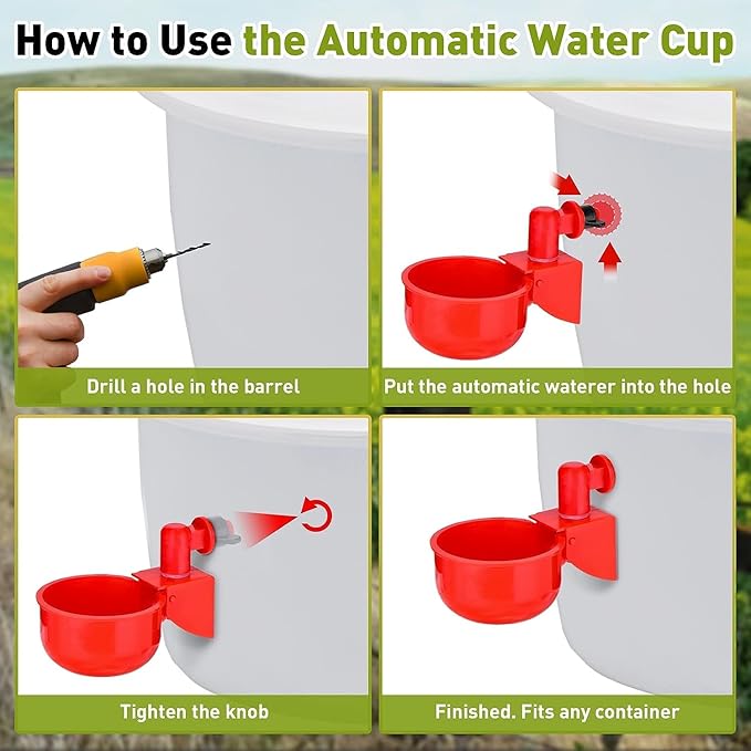 12 Pcs Chicken Feeder Kit and 12 Pcs Water Cup Kit, Gravity Poultry Waterer Cup and Poultry Feeder Port Set with Hole Saw and Sealing Tape, Chicken Feeder No Waste for Duck Bird Quail