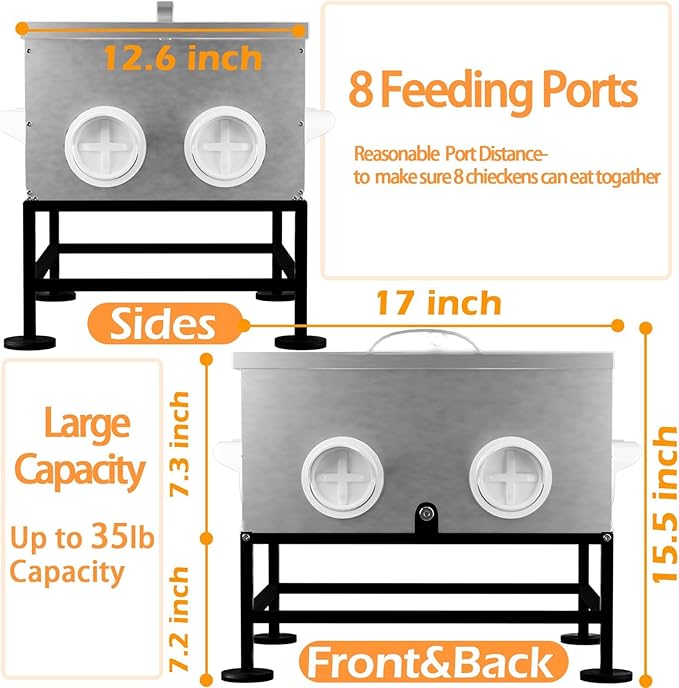 Automatic Chicken Feeder No Waste, 35lb 8 Ports Large Galvanized Metal Chicken Feeders Rodent Proof with Locking Lid and Upgraded Stands for Hen Coop