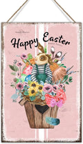 Happy Easter Flower Basket Bunny Signs Wood Decor French Style Floral Pink Stripes Wood Wall Plaque Spring Easter Greetings Sign Wall Decor Kitchen Laundry Room Wall Decor 12x18in