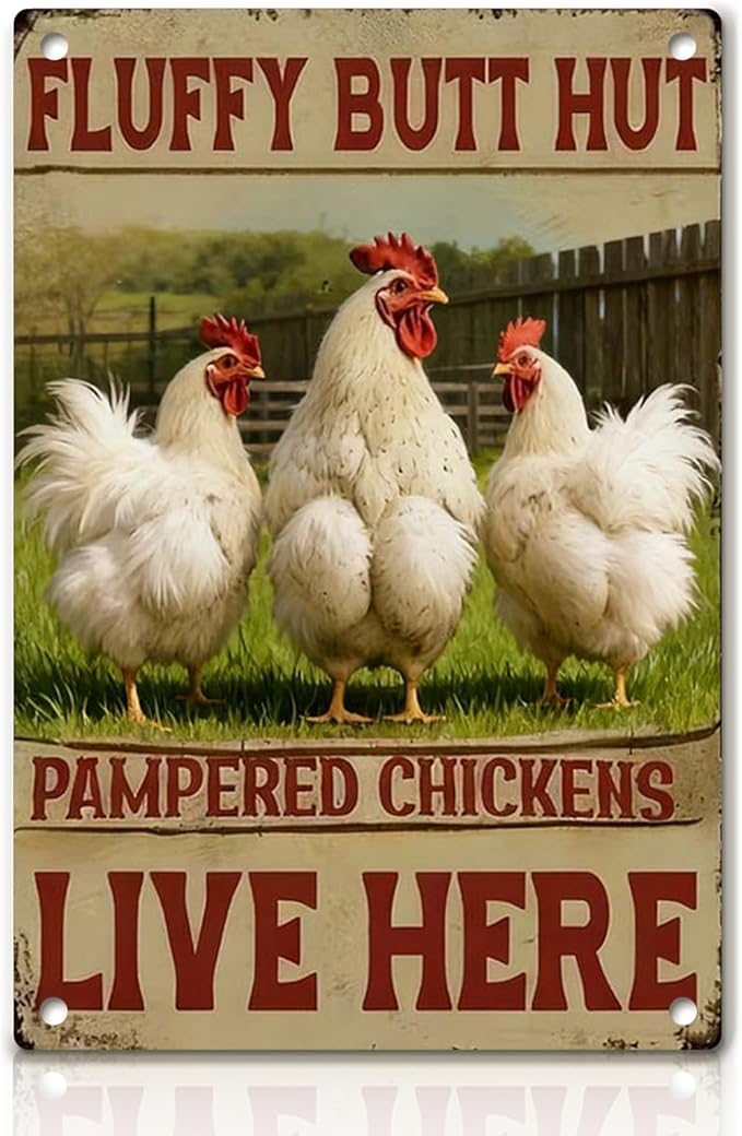 Chicken Decor Metal Signs Funny Chicken Coop Signs Rooster Decor Farmhouse Wall Art Sign Fluffy Butt Hut Pampered Chickens Live Here Tin Sign for Farm Kitchen Garden, Farm Style Gift, 12x8 Inc