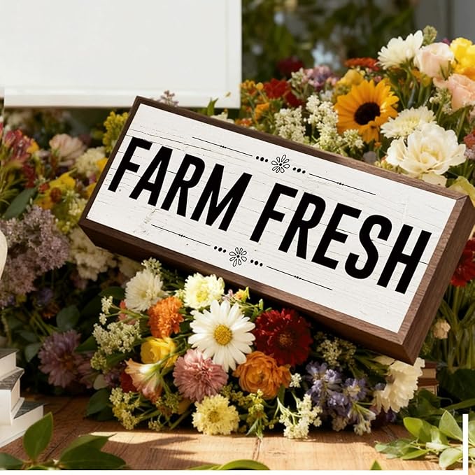 Farm Decor, Farm Fresh Sign, Rustic Farmhouse Wall Decors Art for Home, Living Room, Kitchen, Shelf Decoration, Framed Hanging Wood Sign 9.5x3.1x1 inches