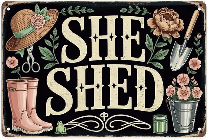 She Shed Decor Tin Sign Vintage Gardening Metal Sign Print Aesthetic for Garden Yard Bar Porch Home Bedroom Kitchen Wall Decor Gift 8 X 12 in