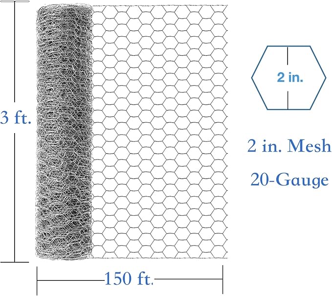 3 ft. x 150 ft. 20-Gauge Galvanized Hexagonal Poultry Netting Chicken Wire Rolled Fencing with Mesh Size 2-in