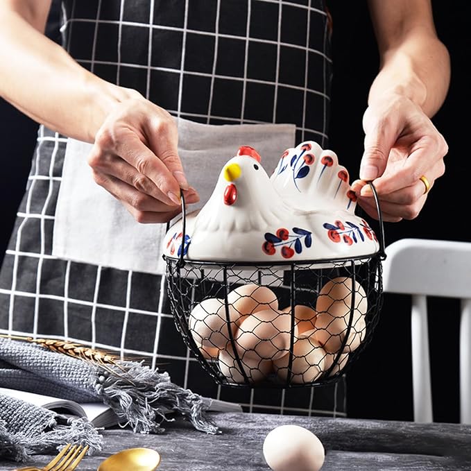Ceramic Egg Holder, Hollow-Out Wire Chicken Egg Holder with Chicken Shaped Lid, Non Slip Basket Countertop with Handle for Gathering Fresh Eggs