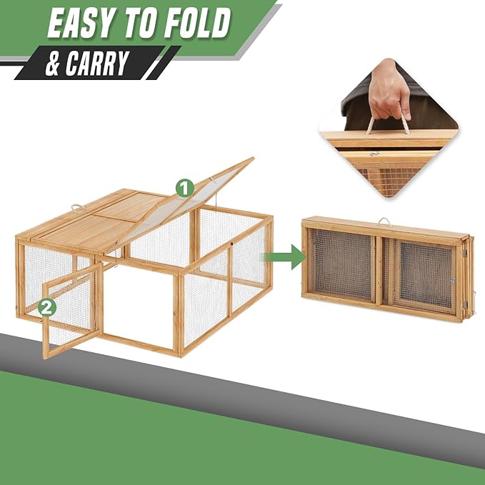 Portable Folding Chicken Coop Rabbit Hutch, Small Animal Playpen with Top & Side Doors for Chickens, Rabbits, and Poultry, 45.5 x 42.5 x 20 inch Natural