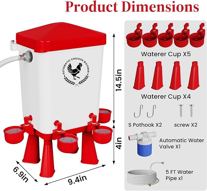 Chicken Waterer, 3 Gallons Automatic Chicken Waterers with 5ft Pipe, Float Controlled Automatic Poultry Water Feeder, 5 Chicken Waterer Cups (Red, 3 Gallons)