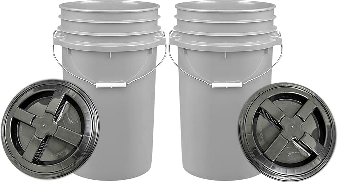 House Naturals 7 Gallon Food Grade - BPA Free- Made in USA Large Gray Container Bucket Pail with Screw on lid (Pack of 2)