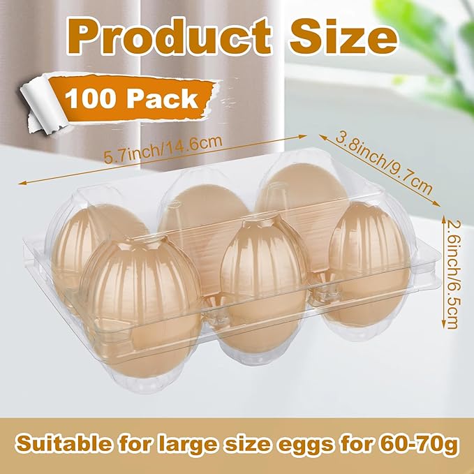 CYEAH 100 Pack Egg Cartons, Chicken Egg Carton 6 Count, Plastic Blank Egg Cartons, Half Dozen Egg Cartons Empty Plastic Egg Carton, Clear Blank Egg Tray for Home Ranch Farm Market Display