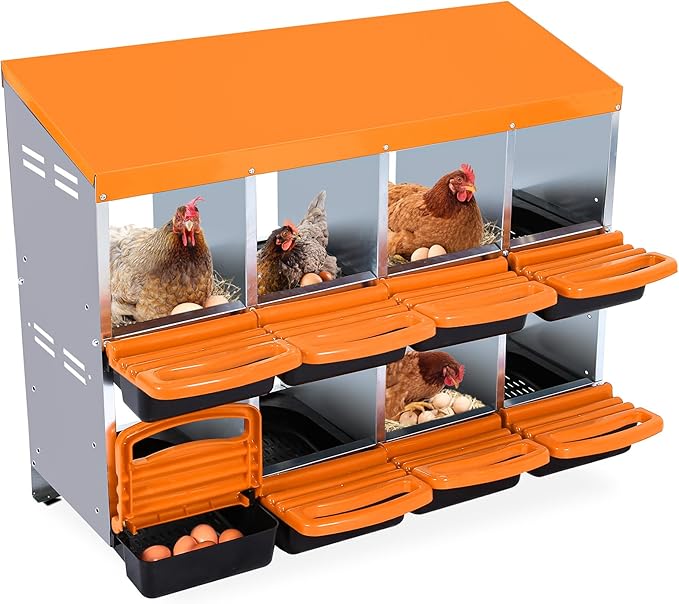 Chicken Nesting Box 8-Hole Roll Away Egg Laying Box with Lid, Galvanized Steel Rustproof Poultry Coop Box, Easy Clean, Wall Mountable No Bracket Needed for Hens, Orange