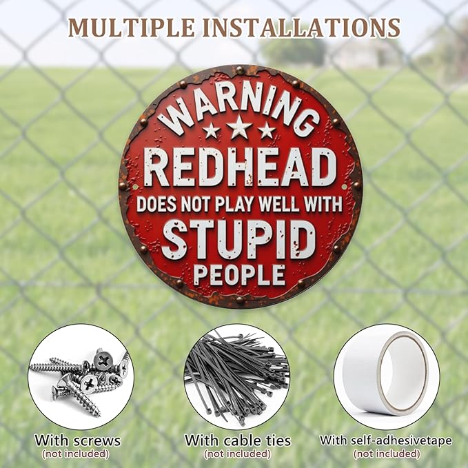 Warning Red Head Does Not Play Well With Stupid People Round Metal Signs,Funny Sarcastic Sign Wall Decor Man Cave Bar,Office,Cafe,Garage Tin Sign 8x8 Inches