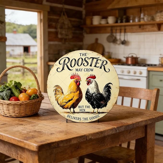 Funny Chicken Signs The Rooster May Crow But The Hen Delivers The Goods Round Tin Sign Metal Chicken Decor Home Ktichen Farm Wall Decor Vintage Metal Tin Poster 8 Inch