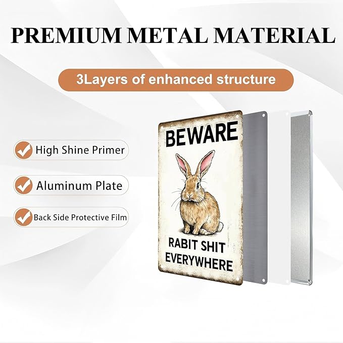 Easter bunny Tin Sign Retro Fun Metal Sign BEWARE RABBIT SHIT EVERYWHERE for Home Living Room Garden Yard Outdoor Wall 12X16Inch