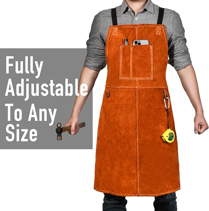 Leather Welding Work Apron - Heat Resistant & Flame Resistant Bib Apron, Flame Retardant Heavy Duty BBQ Apron