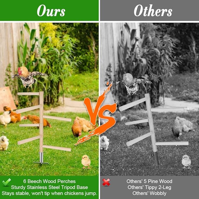 Extra Large Chicken Perch Toy for Coop, 39.4" Roosting Bar for Chicken Coop Toys, Chicken 6 Branches Perch Stand Wooden with Metal Tripod Ground Plug for Poultry Rooste