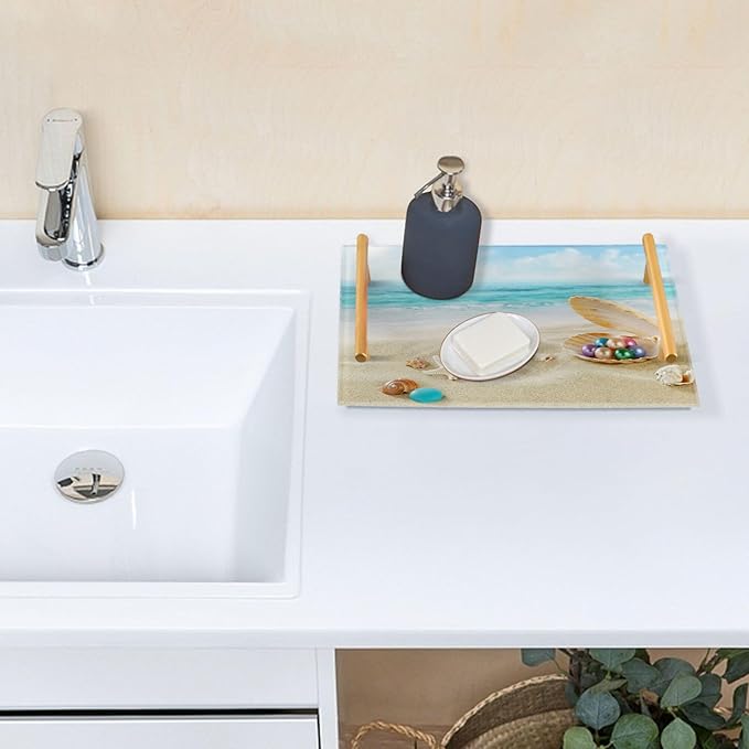 Bathroom Vanity Tray Counter Organizer, Beach Peals Decorative Tray with Handles Countertop Storage for Bathroom Bedroom Kitchen Home Farmhouse