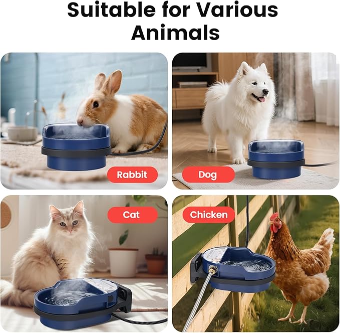 2.5L Heated Water Bowl for Dogs, Outdoor Heated Dog Bowl Thermostatic Control Heated Pet Bowl for Outside Heated Chicken Waterer Heated Pet Waterer for Chicken, Duck, Goose, Rabbit