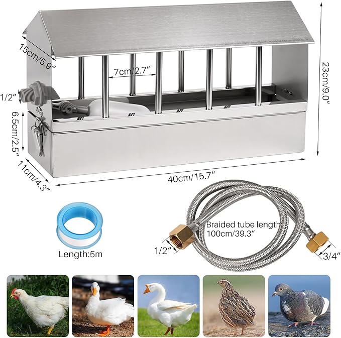 Automatic Chicken Waterer Stainless Steel Large Metal Chicken Waterer System Poultry Waterer Dispenser with Float Valve Kit Hose Accessories for Pigeon, Duck, Goose
