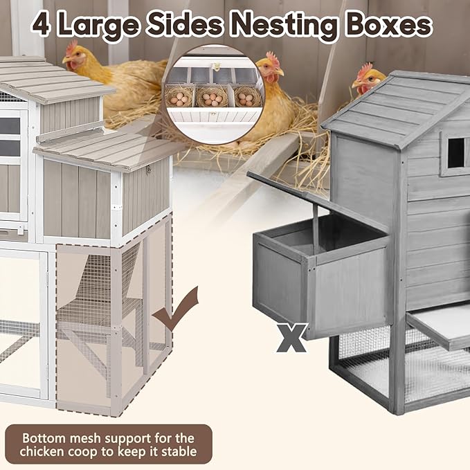Large Wooden Chicken Coop for 2-6 Chickens, Outdoor Chicken House with 4 Nest Boxes, Hen House Poultry House Pet Hutch Chicken Cage with Waterproof Asphalt Roof, Ramp, Roosting Bars