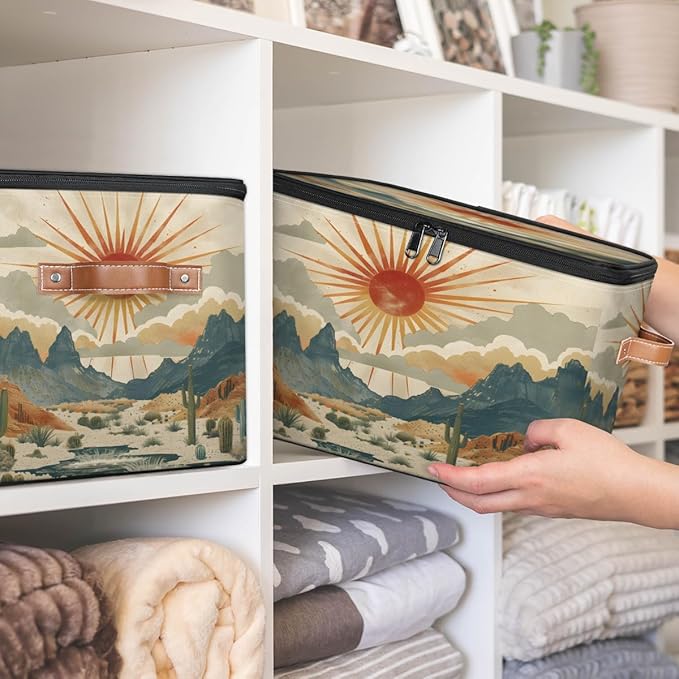 Cactus Storage Bins with Lids, Desert Sunset Fabric Storage Boxes with Zipper, Collapsible Decorative Closet Organizer Cube for Clothes, Organizing, Shelves