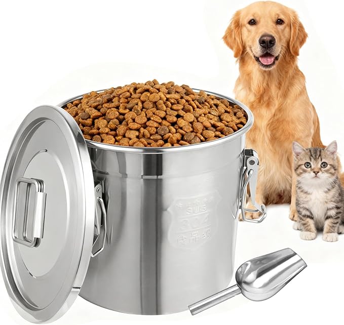 Stainless Steel Dog Food Storage Containers with Scoop, Fits up to 12Lbs, Large Pet Food Storage Container with Airtight Lid and Locking Clamp Metal Pet Food Bin for Dogs and Cats, Keep Fresh
