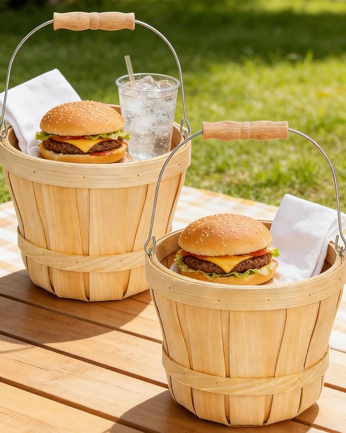 ZILAMGOO 2-Pack Apple Baskets Wooden Bushel Style – Handwoven Round Wood Fruit Baskets with Metal Handle – Rustic Farmhouse Bucket for Produce, Harvest, Holiday Display & Gifting