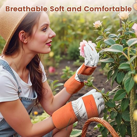 Gardening Gloves, Long Thorn Proof Garden Gloves for Women and Men, Goatskin Breathable Leather Work Gloves for Gardening, Pruning, Yard Work, Brown, L
