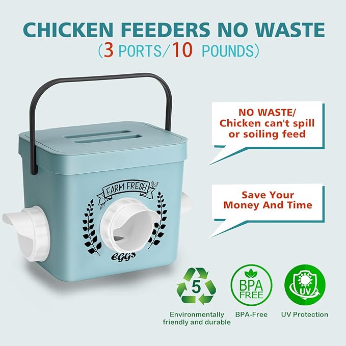 Chicken Feeder, 10 LB Chicken Coop Accessories, Chicken Feeders No Waste for Chicks and Hens, Waterproof Automatic Chicken Feeder, Hanging Chicken Feeder with 3 Ports (Patent Product)