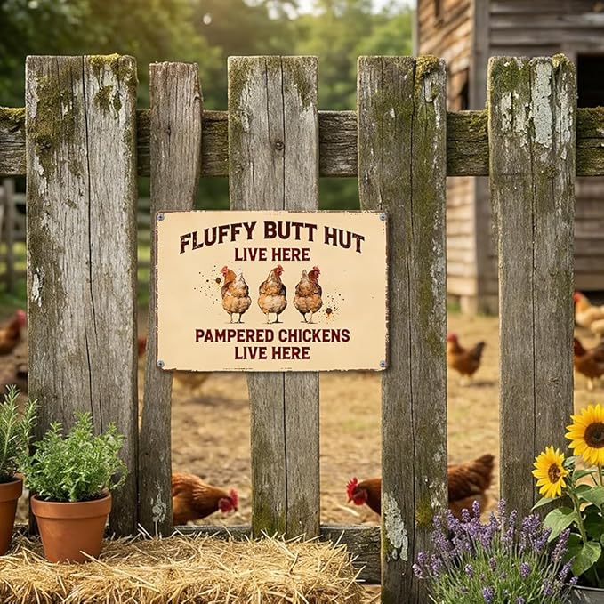 Funny Chicken Metal Sign Outdoor, Aluminum Farmhouse Wall Decor for Coop Door or Yard Area, Fluffy Humor Country Living Style, Rustic 8x12 Inch Gift