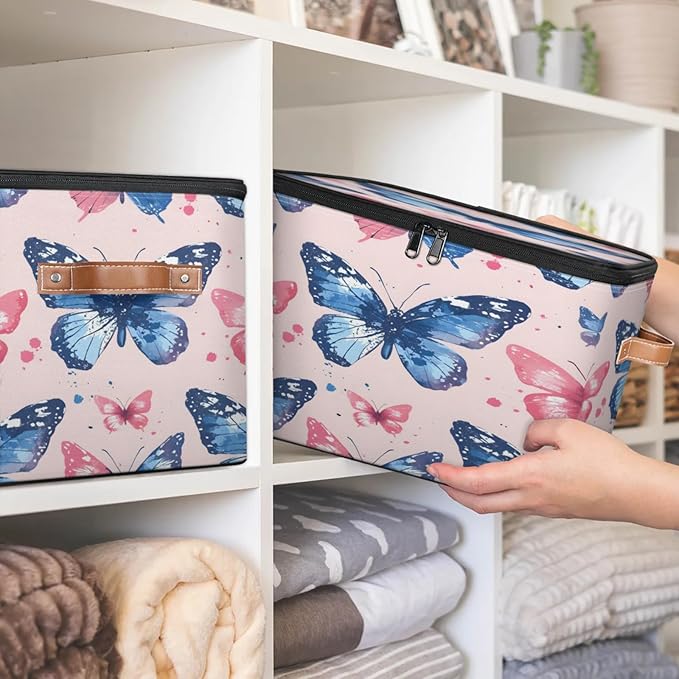 Storage Cubes with Lid Fabric Storage Bins Boxes PU Leather Handles, Colorful Butterfly Closet Organizer Container Foldable Washable Shelf Cloth Basket, Cute Butterfly