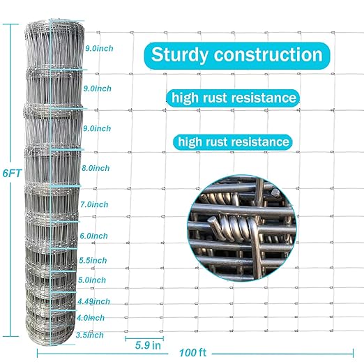 Farm Fence 6ft x 100ft Heavy Zinc Coating Field Wire Fencing, Galvanized Livestock Deer,Goat Fence,Hog Wire Fencing Used to Yard and Garden