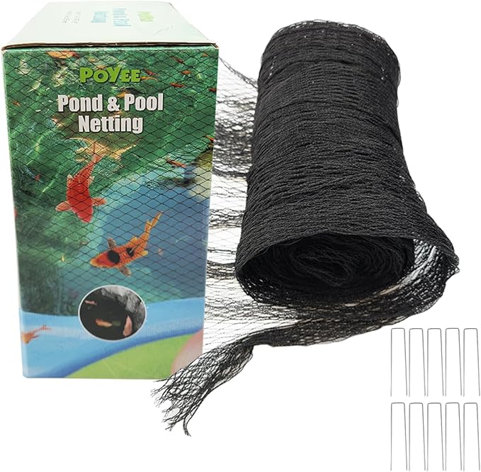 POYEE 10x10ft Pond Netting for Leaves Leaf Net Cover Pond Net with Small Fine Mesh Protecting Koi Fish from Birds Cats Stakes Included