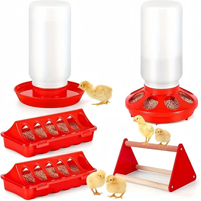 12-Hole No-Scratch & Spill-Proof Chick Feeder, Leak-Resistant Chick Waterer, and Poultry Waterer with Perches - Complete Brooder/Coop Starter Kit for Raising Poultry (F Set)
